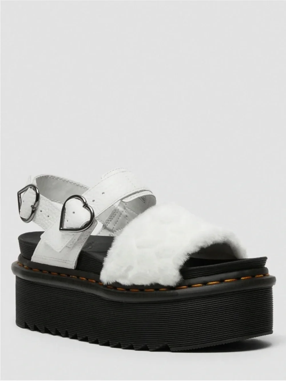 Dr. Martens Voss White Faux-Fur & Leather Platform Sandals Black Sole, UK 4 US 6